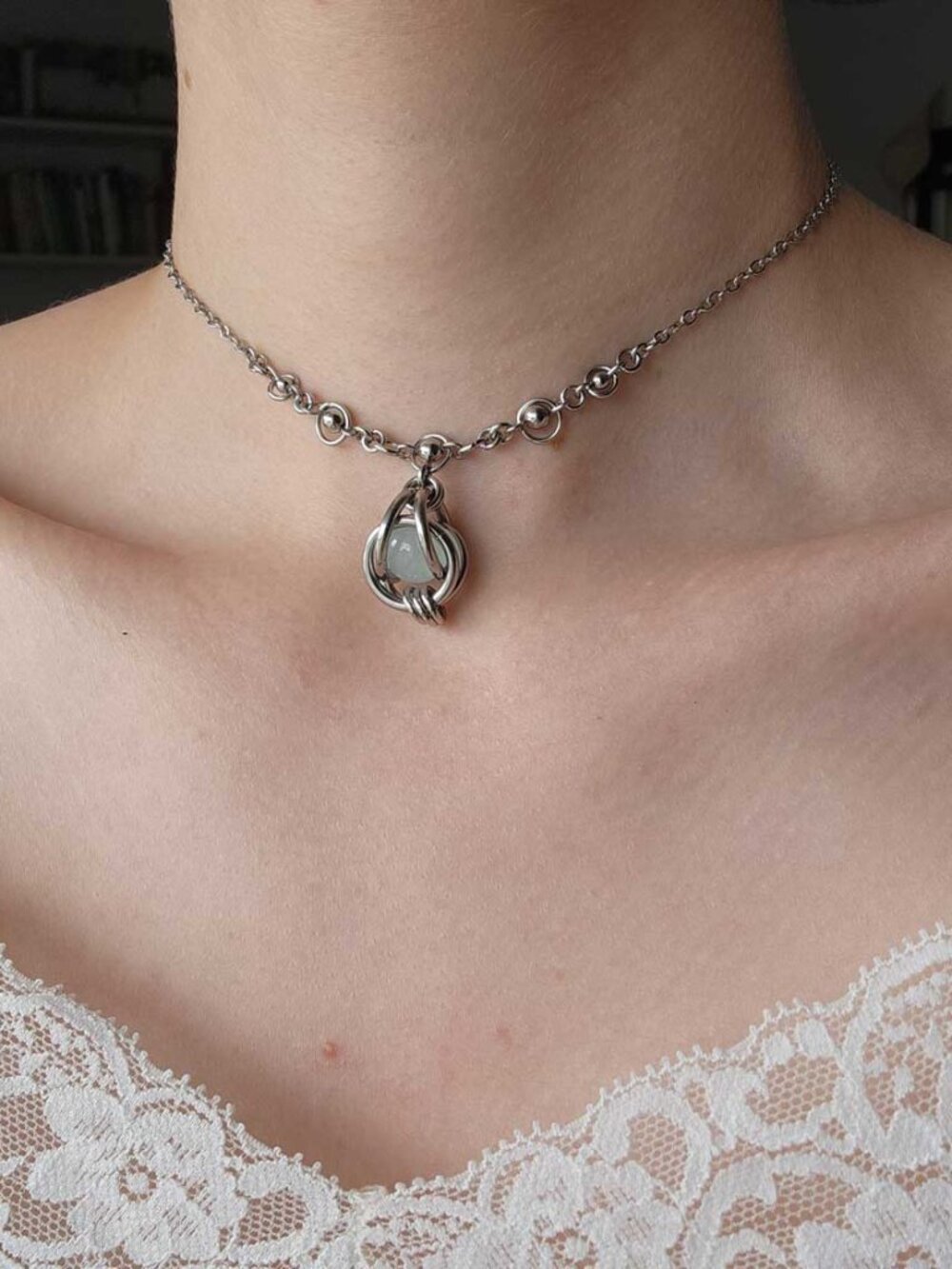Vintage silver and blue pearl choker necklace